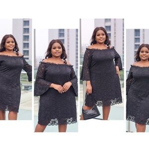 NWT Pinup 24W Off The Shoulder Lace Cocktail Short Dress Bell Sleeve Black